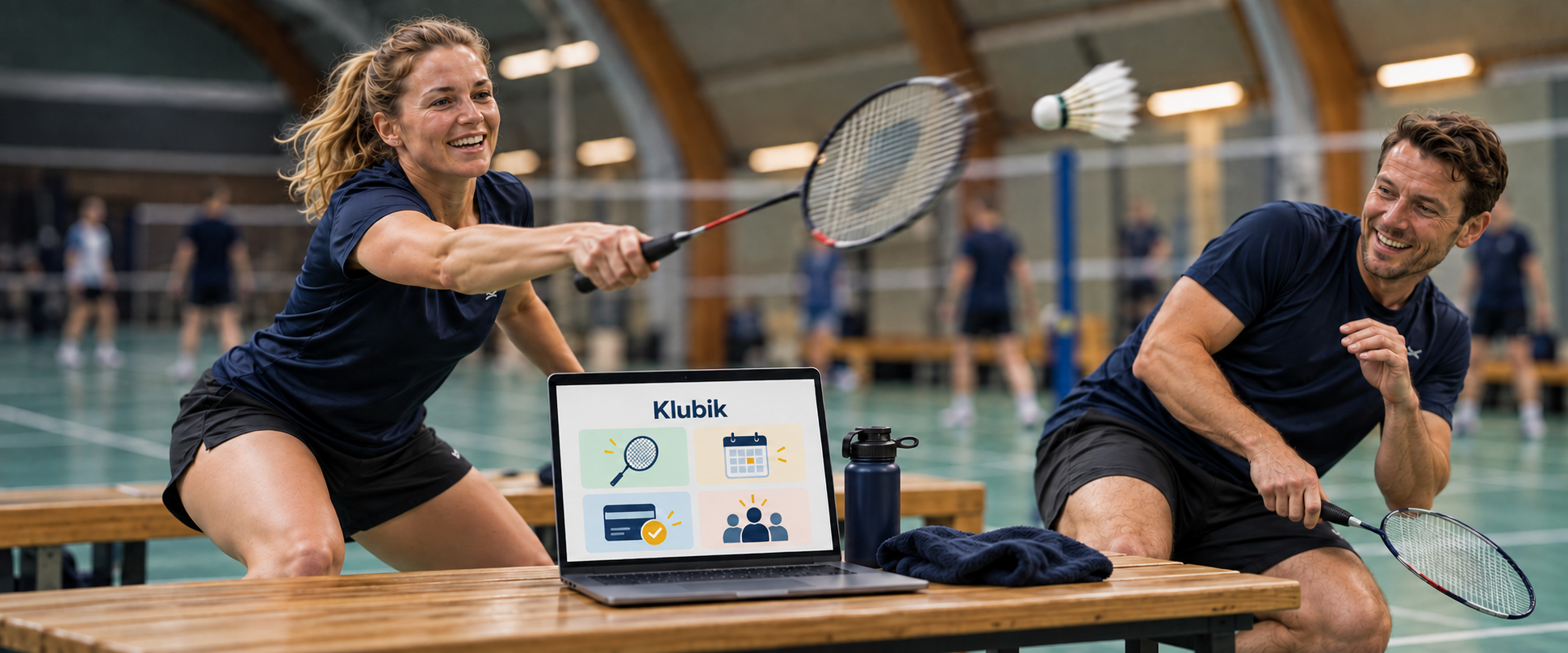 To badmintonspillere i hallen ved en bænk med en bærbar computer, der viser Klubik
